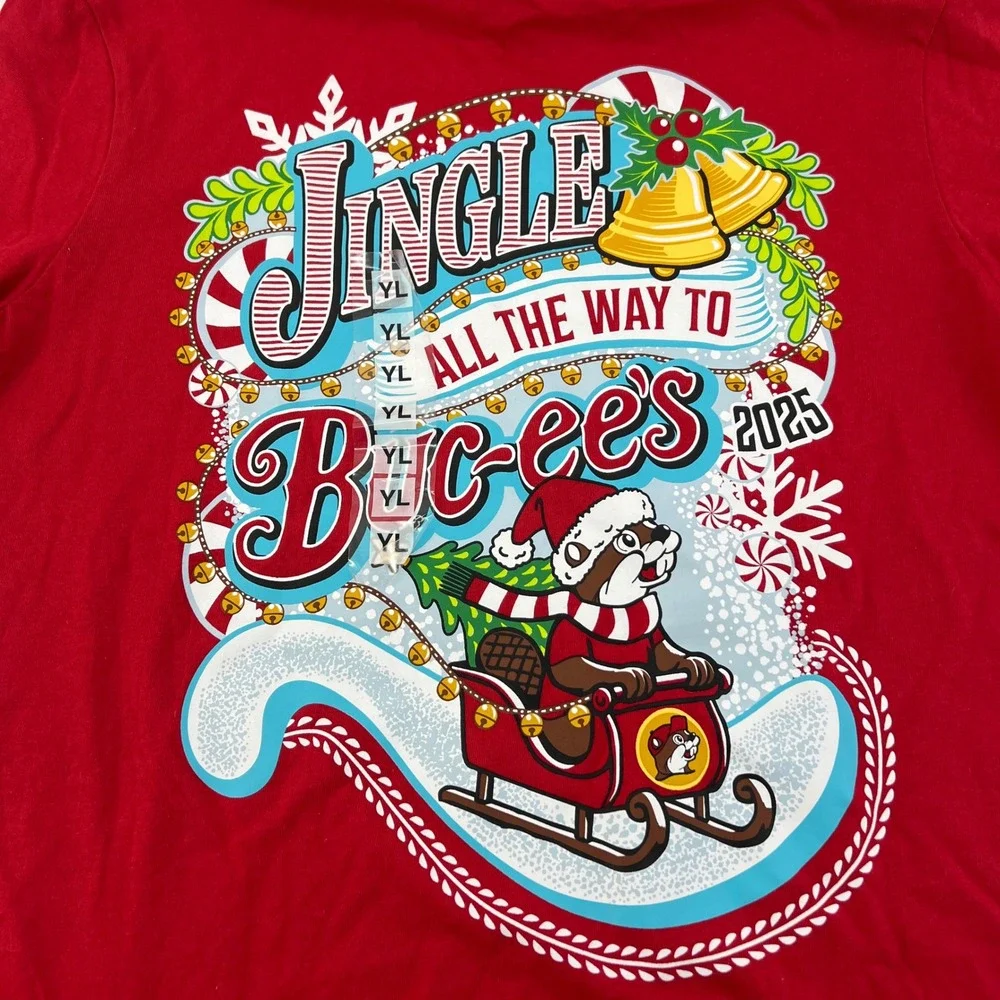 Buc-ee's Kids Christmas 2025 Jingle Red Graphic T-Shirt Santa Beaver YL‎ NEW
